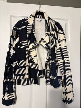 LuLaRoe Navy & Cream Plaid Moto Jacket Presley style